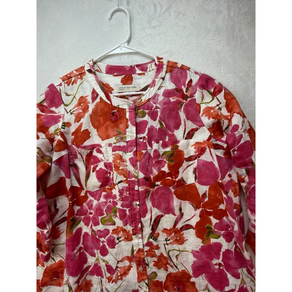 Jones New York Sport Linen Shirt M Floral Button Front 3/4 Sleeve Boho Cottage - Picture 9 of 10